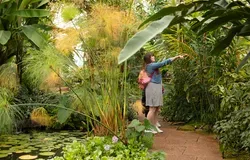 a woman standing pointing at something surrounded by green plants