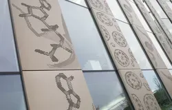 photograph of the side of the Discovery Building featuring the Scales of Life art collaboration