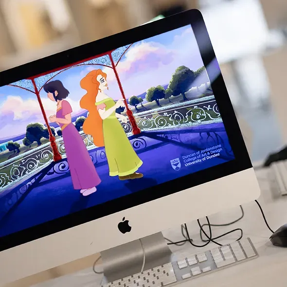 A computer screen showing an animation of two people on a band stand with facing opposite directions 