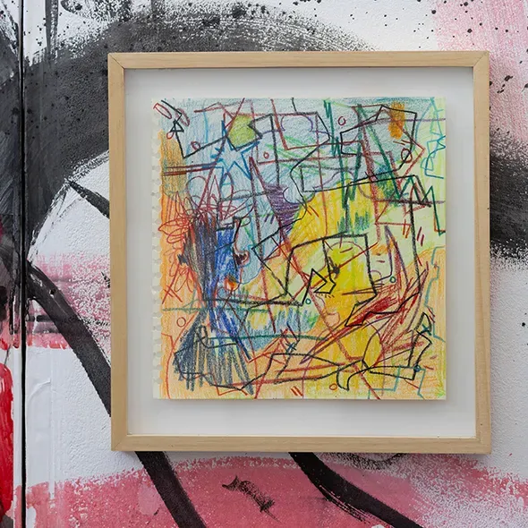 A fine art painting with colourful background and several colourful lines as part of the graduate showcase exhibition
