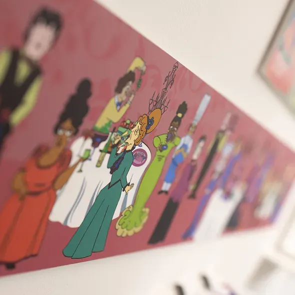 An illustration of people at a party hanging on a wall as part of the graduate showcase exhibition