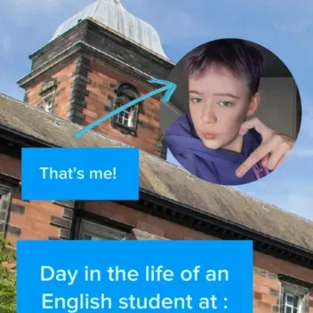 student's face on top of image of red sandstone building