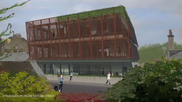 3d image of building surrounded by mesh