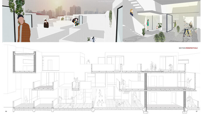 An image showing examples of living spaces. A roof top with people walking, a hallway with stairs and people using it, a cross section of the interior of the building.