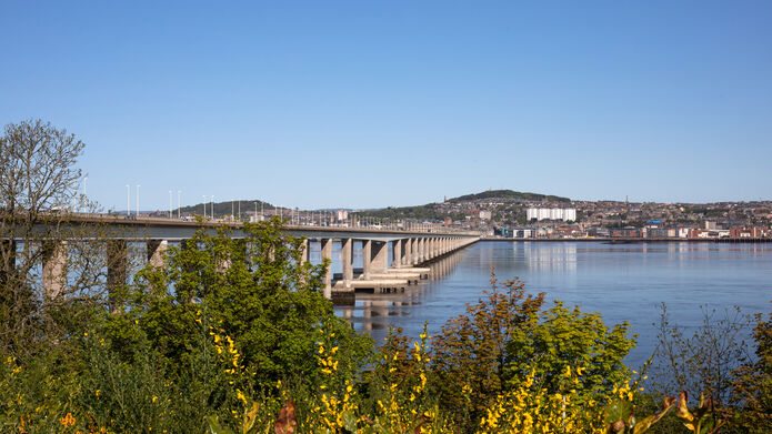 the tay road bridge looking across the water to Dundee