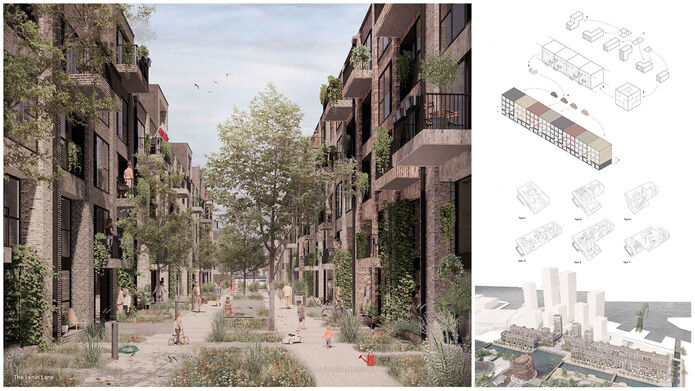 an image of a street with trees and children playing between two buildings
