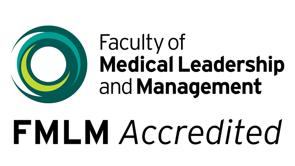 Logo of Faculty of Medical Leadership and Management above the words FMLM Accredited