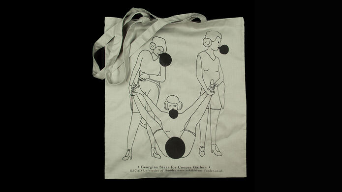 bag showing image of naked people with black balloons