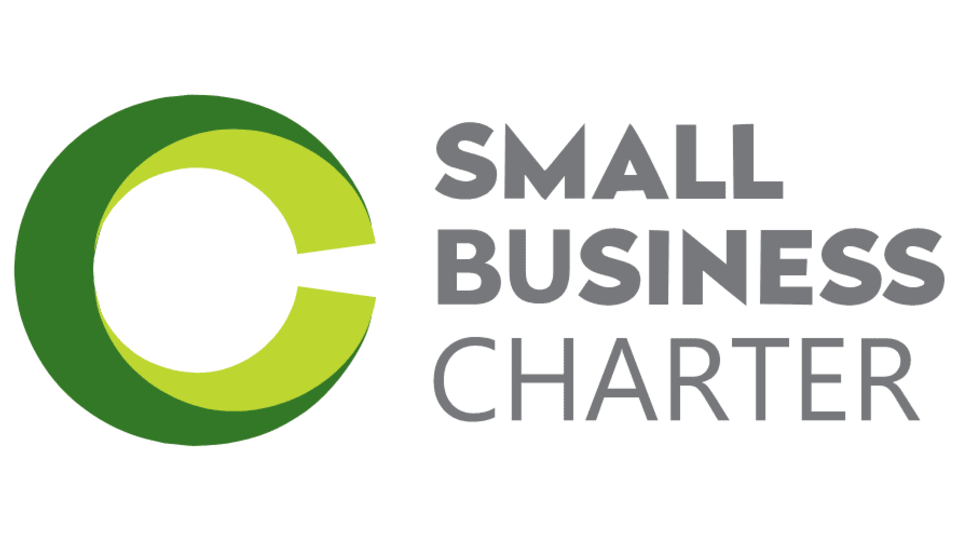 Small business charter logo - a large green letter C on the left, to the right is the words small business charter, stacked on top of each other.