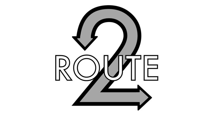 The word route sits on top of a large number 2, the logo is black, white and grey.