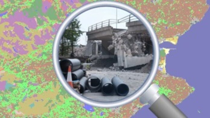 Graphic with a magnifiying glass over a bridge that has collapsed and a map in the background