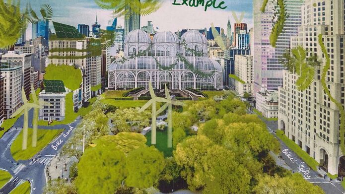 A poster showing buildings with lots of different trees in the space below.