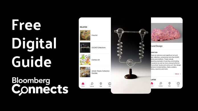 Free digital guide from Bloomberg Connects app showing images on a mobile phone of the features provided on the app