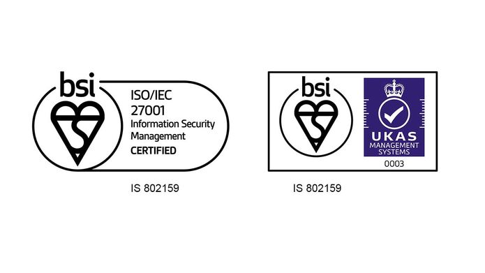 BSI ISOIEC 27001 logos, black and white, with a purple UKAS logo.