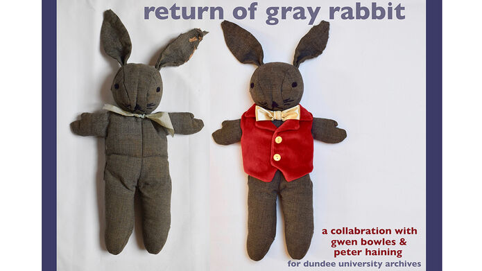 Two gray rabbit toys next to each other. One very old and the other new with a red jacket