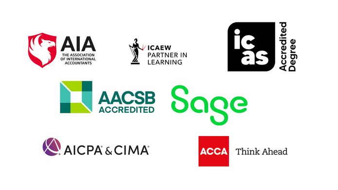 Collage of accreditation logos: AIA, ICAEW, ICAS, AICPA & CIMA, ACCA, AACSB, Sage.