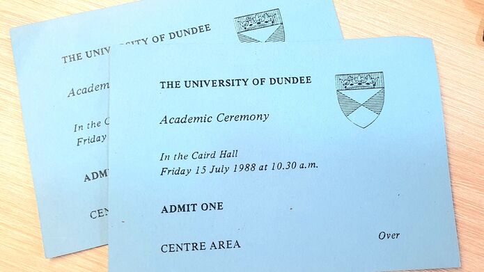 Two graduation tickets from a University of Dundee ceremony in 1988