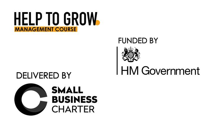 Help to grow logo, alongside funded by HM Government logo and Small Business Charter logo.