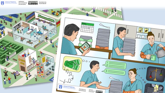 Examples of Illustrations by Rachel Bessel, one showing an overworked clinician, another an urban landscape with examples of lifelong learning, e.g curiosity, physical health