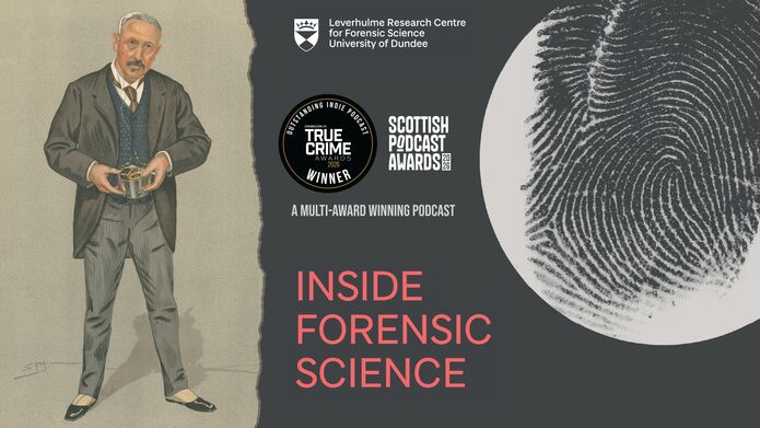 Inside Forensic Science series 5 with a man standing to the left and a large finger print to the right