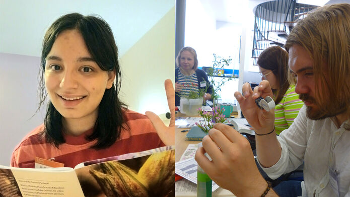 Composite photo - left image - s head and shoulders photo of a person smiling a waving while holding a booklet. Right image - a person examining a plant using a magnifying glass