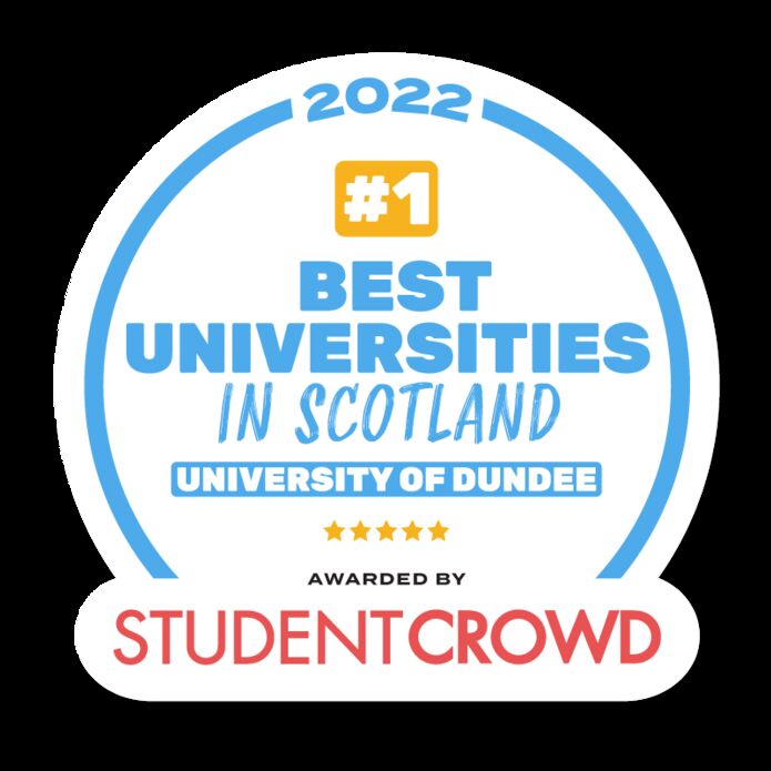 StudentCrowd logo for the number one ranking award for Dundee, for the best five Scottish universities.