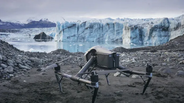 Photo of a drone on the ground at Breiðamerkurjökull glacier