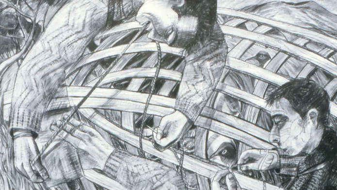 An artwork by Alan Watson of two men building a wooden boat