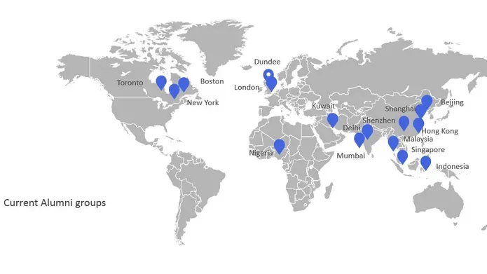 a map of the world showing wear our alumni are from