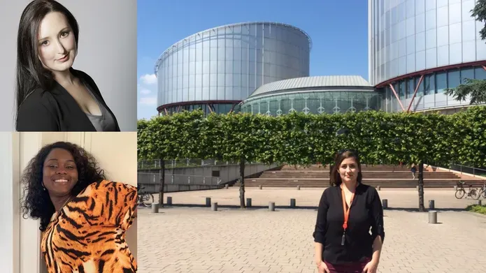 Photograph of Caroline Cotta in front of European Union buildings in Strasbourg. Berenice Lemoine and Tracy Leli inset to left.
