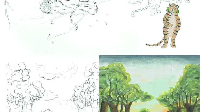 illustrations showing the development of the tiger and how it went from sketches to a full colour drawing