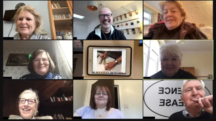 Tap and Talk aphasia iPad group zoom sessions showing everyone on their webcams