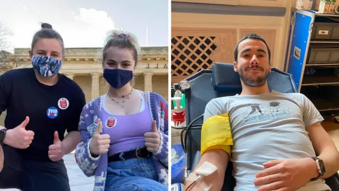 Two students wearing masks with thumbs up and one student laying on bed as he is giving blood