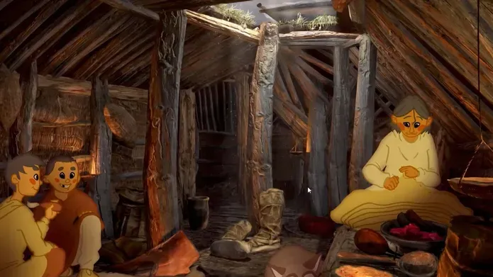 still of animated film with people in a cottage with a husky