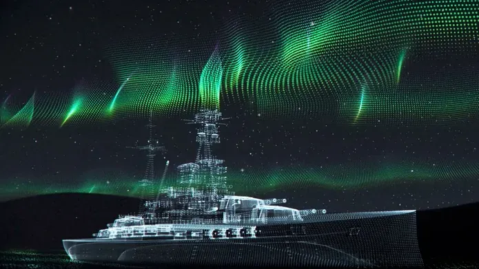 computer generated ship with green lights in the sky