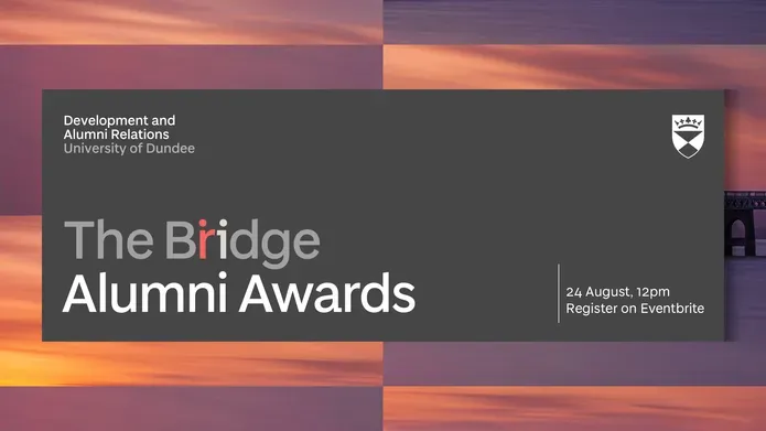 Sunset in the background with a grey panel showing The Bridge Alumni Award 24 September 2021