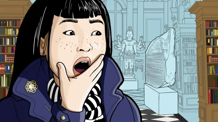 The protagonist looks shocked in a scene from the game