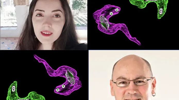 magenta and green cells with two portrait images