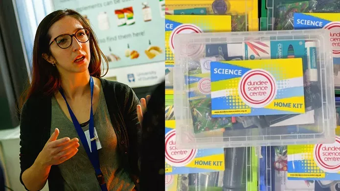 female lecturer standing next to packs of science centre kits