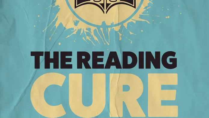 A teal green poster with a book open and the text The Reading Cure