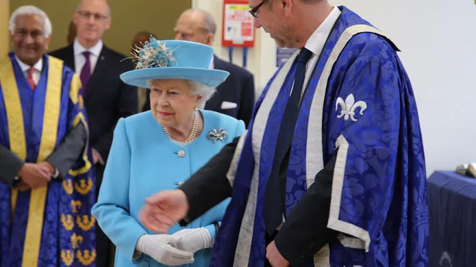 Queen Elizabeth II visits the Leverhulme Research Centre for Forensic Science, with Professor Sir Pete Downes