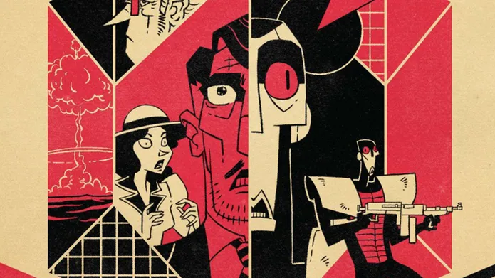 Scene from comic front page featuring robot and human characters with black red and tan colours