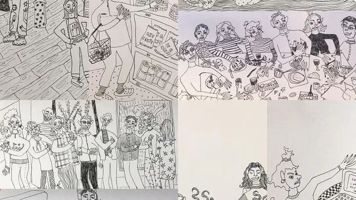 Loose line drawings of people and groups and their routines, eating together, painting nails, shopping. The characters features are elongated and stretched and wobbly. 