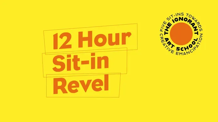 Yellow and orange title slide. 12 Hour Sit-in Revel