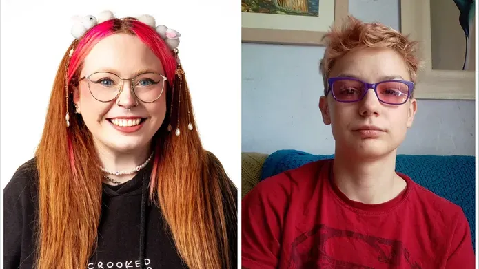 head shot of young woman with long red hair and young man wearing glasses and sporting short hair