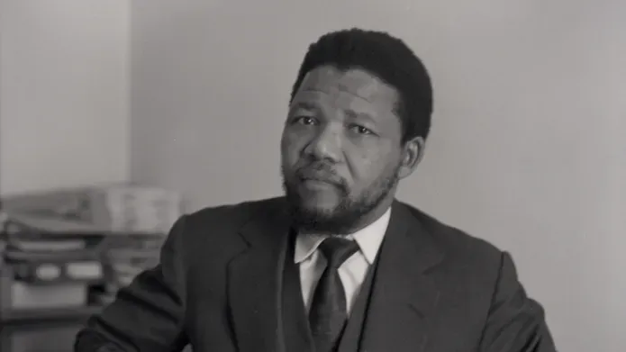 Black and white image of Nelson Mandela