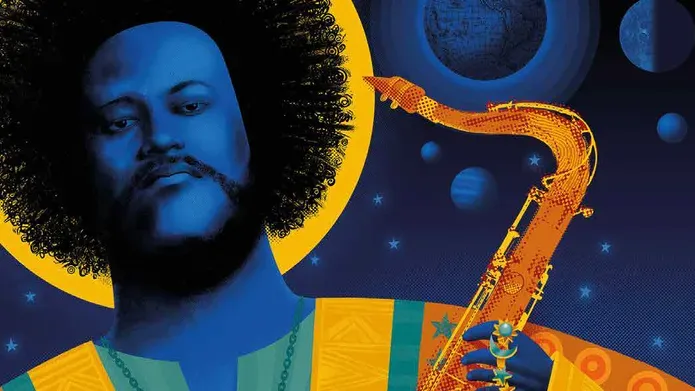 An illustration of a man holding a saxophone