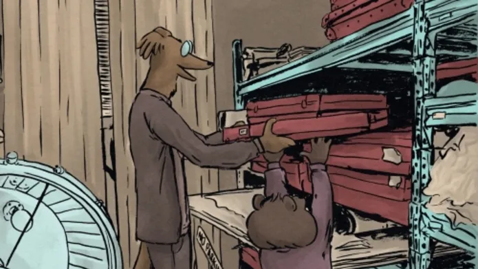 Comic of two dogs in suits stacking a shelf