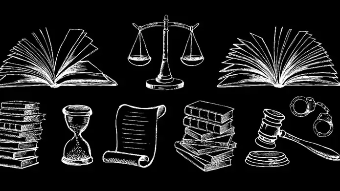 Various black and white sketched images depicting the criminal justice system; books, scrolls, gavel, handcuffs, scales of justice