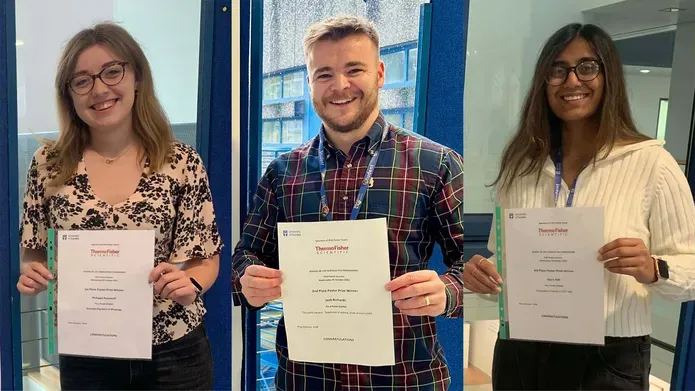 Third year poster prize winners 2022 - left to right Phillippa, Josh, Hajra